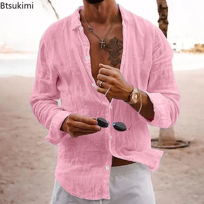 2026 Men's Cotton Linen Shirts Top Simple Laple Solid  Man Shirts Tops Comfortable Loose Casual Holiday Shirts for Men Blouses