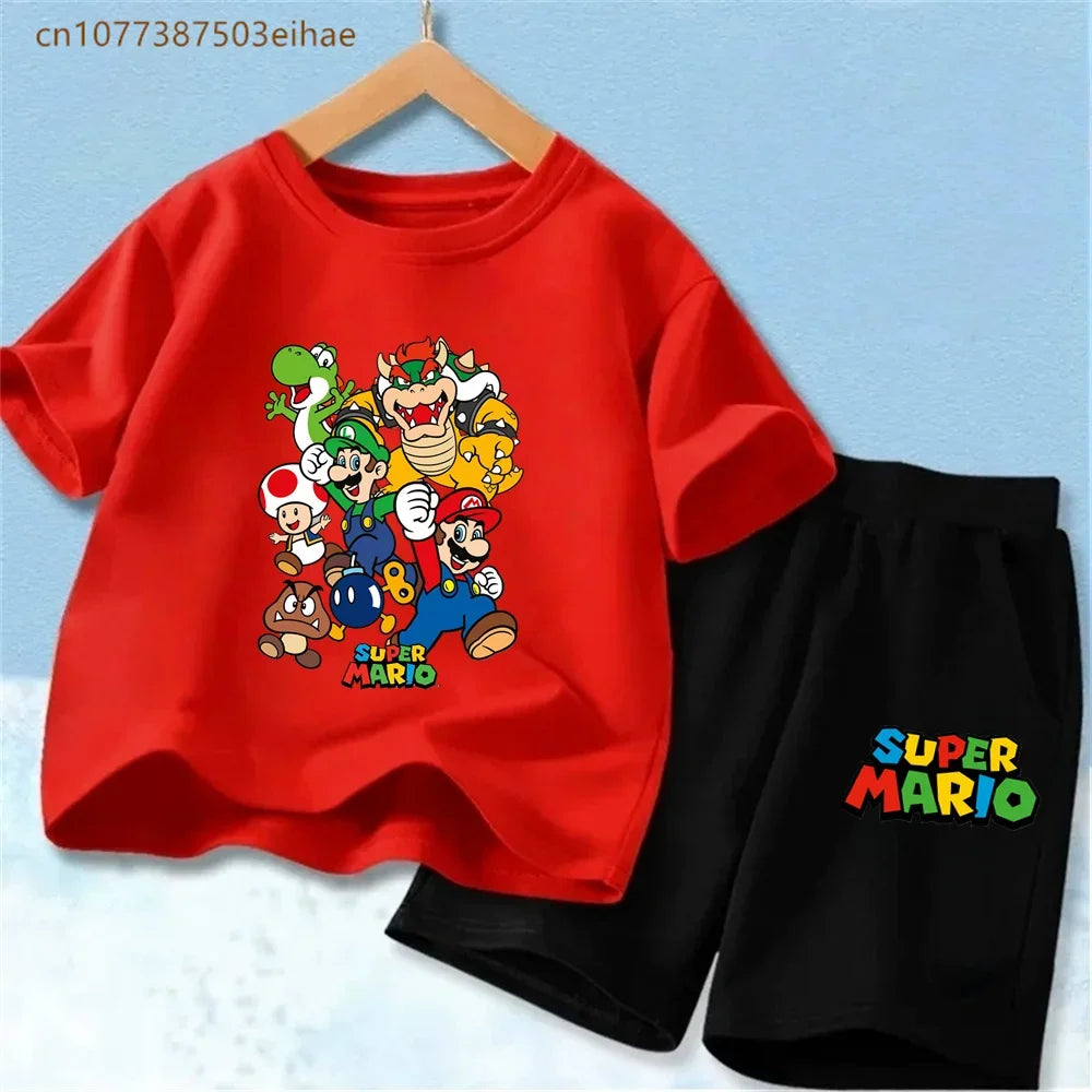 Summer Kids Clothing Sets Super Mario Cartoon Print Cotton Short Sleeve T-Shirt Casual Shorts Soft Outfits For Baby Boys Girls