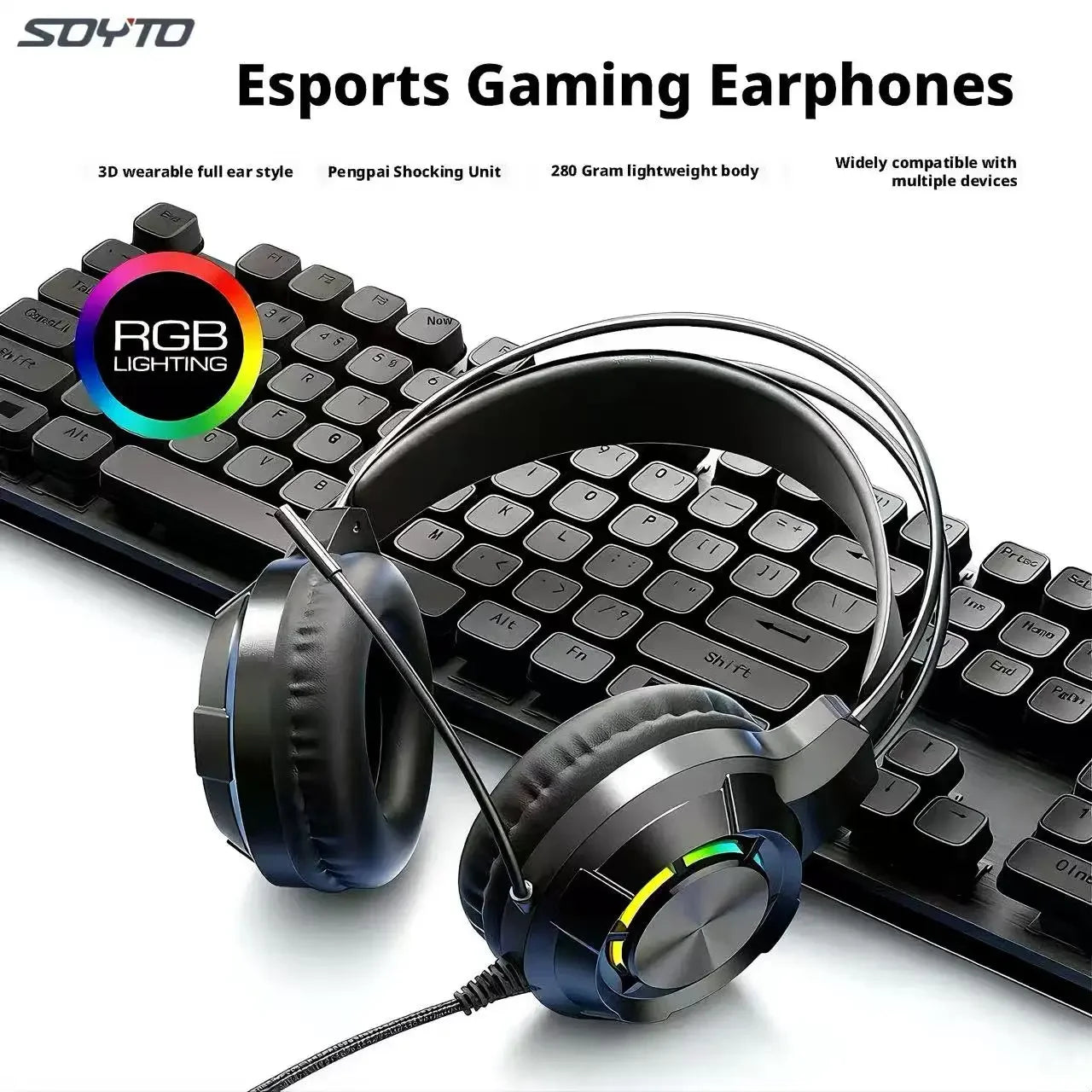 SOYTO Black/White Cool RGB Wired Gaming Headset Heavy Bass Stereo Headphone With Mic Comfortable Over Ear Earphone For Gaming