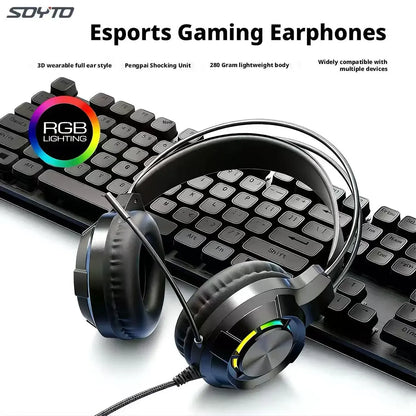 SOYTO Black/White Cool RGB Wired Gaming Headset Heavy Bass Stereo Headphone With Mic Comfortable Over Ear Earphone For Gaming
