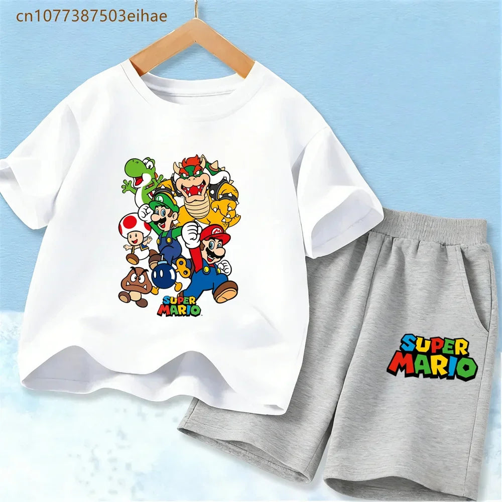 Summer Kids Clothing Sets Super Mario Cartoon Print Cotton Short Sleeve T-Shirt Casual Shorts Soft Outfits For Baby Boys Girls