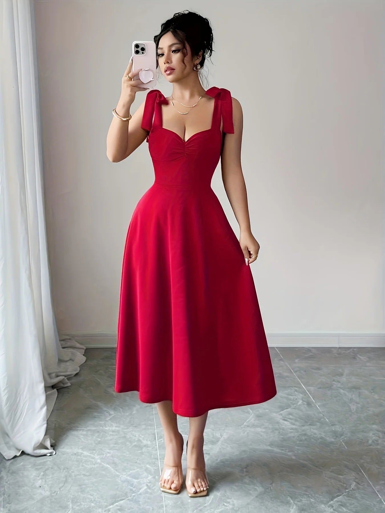 Women's elegant shoulder strap tie design, cinched waist, large A-line long dress, suitable for dates and parties