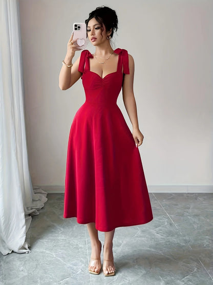 Women's elegant shoulder strap tie design, cinched waist, large A-line long dress, suitable for dates and parties