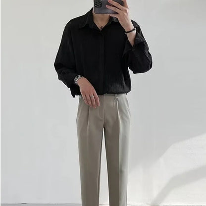 Black Apricot White Long-sleeved Shirt Men Fashion Social Mens Dress Shirt Korean Loose Casual Pleated Shirts Mens Formal Shirt