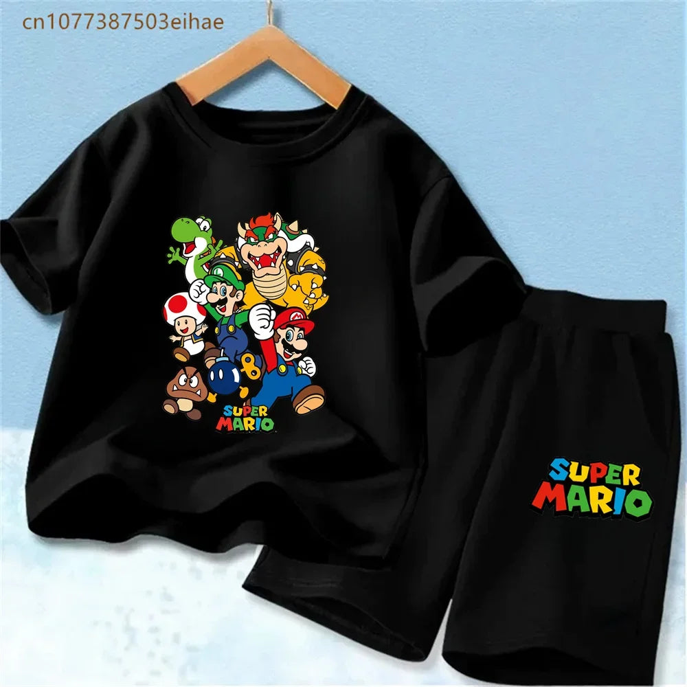 Summer Kids Clothing Sets Super Mario Cartoon Print Cotton Short Sleeve T-Shirt Casual Shorts Soft Outfits For Baby Boys Girls