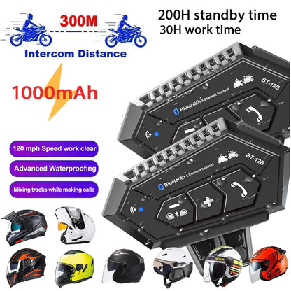 BT12B Motorcycle Helmet Headset Motorcycle Intercom 2 Rider Talk At The Same Time Waterproof Interphone Full Duplex With DSP CVC