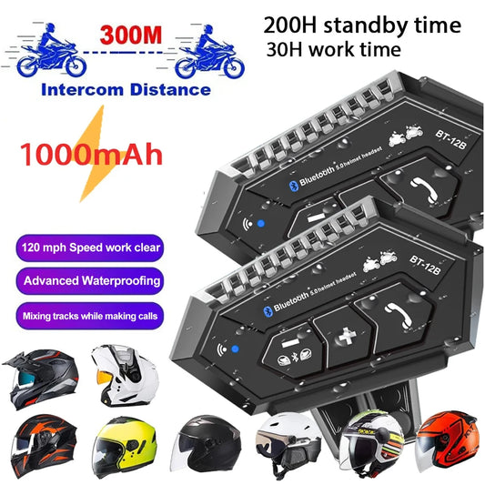 BT12B Motorcycle Helmet Headset Motorcycle Intercom 2 Rider Talk At The Same Time Waterproof Interphone Full Duplex With DSP CVC