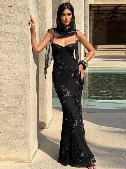 Weird Puss Flower Embroidery Maxi Dress Women Low-Neck Cross Bandage Backless Summer Street New Trend Skinny Elegant Vestidos