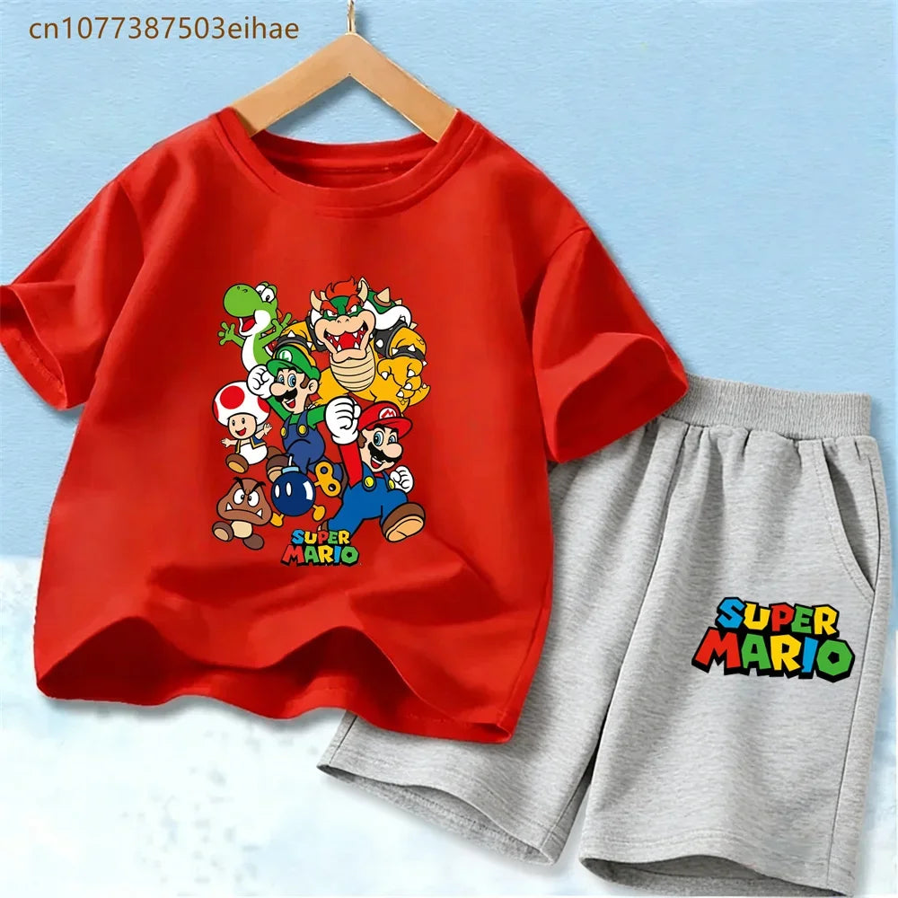 Summer Kids Clothing Sets Super Mario Cartoon Print Cotton Short Sleeve T-Shirt Casual Shorts Soft Outfits For Baby Boys Girls