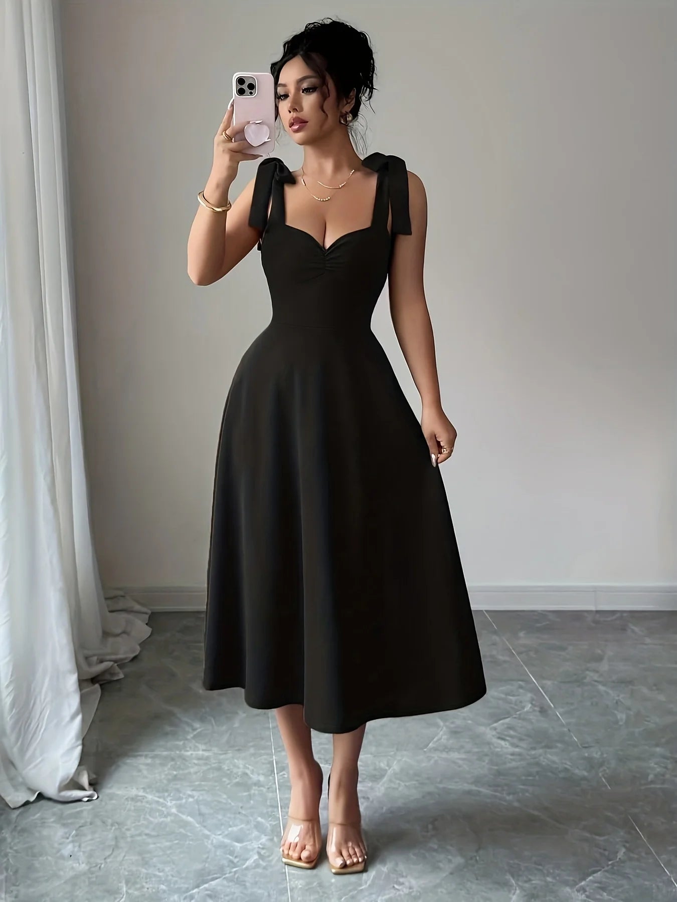 Women's elegant shoulder strap tie design, cinched waist, large A-line long dress, suitable for dates and parties