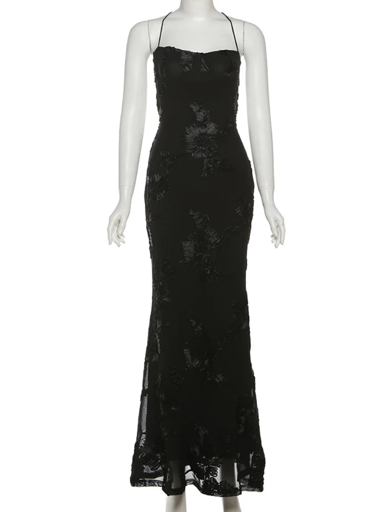 Weird Puss Flower Embroidery Maxi Dress Women Low-Neck Cross Bandage Backless Summer Street New Trend Skinny Elegant Vestidos