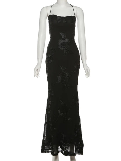 Weird Puss Flower Embroidery Maxi Dress Women Low-Neck Cross Bandage Backless Summer Street New Trend Skinny Elegant Vestidos