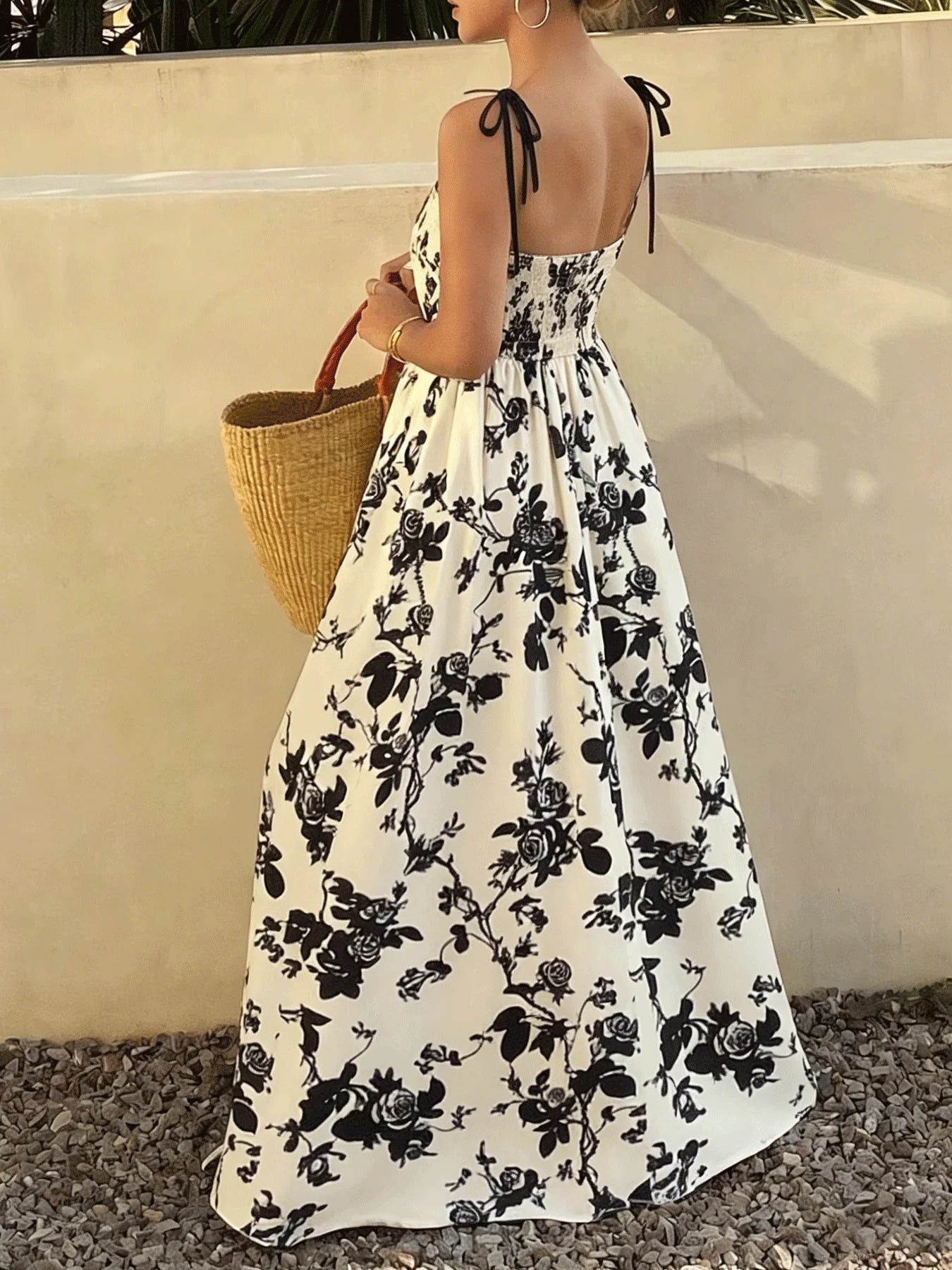 Women Tie Strap Square Neck Floral Print Flared Maxi Dress Boho New Spring Summer Vacation Beach Date Lightweight Flattering Dre