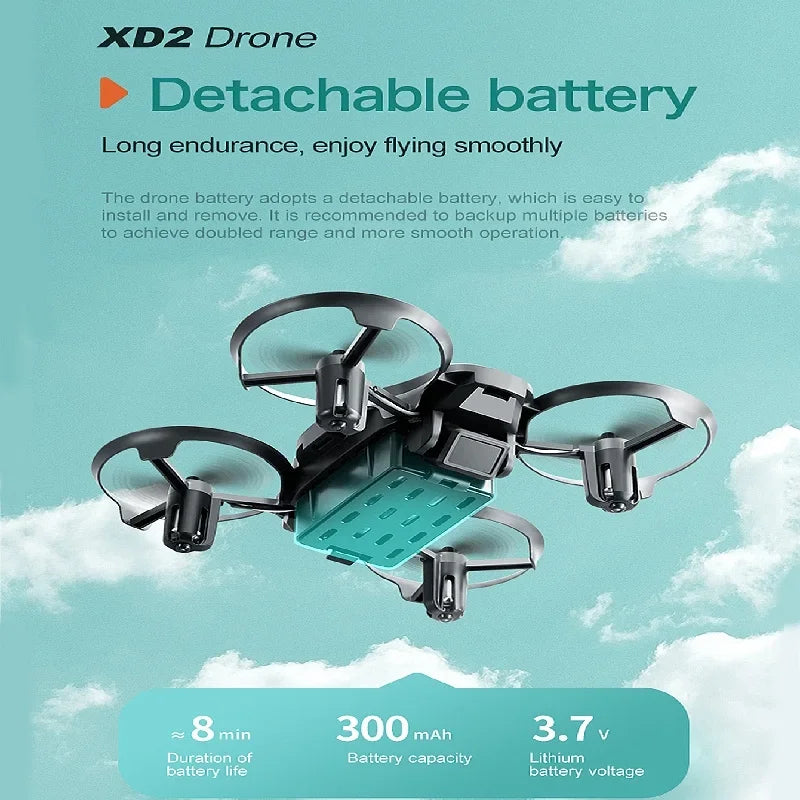 The Mini drone XD2 features four-circle air pressure protection and a 360° rotation-controlled fixed-height quadcopter.