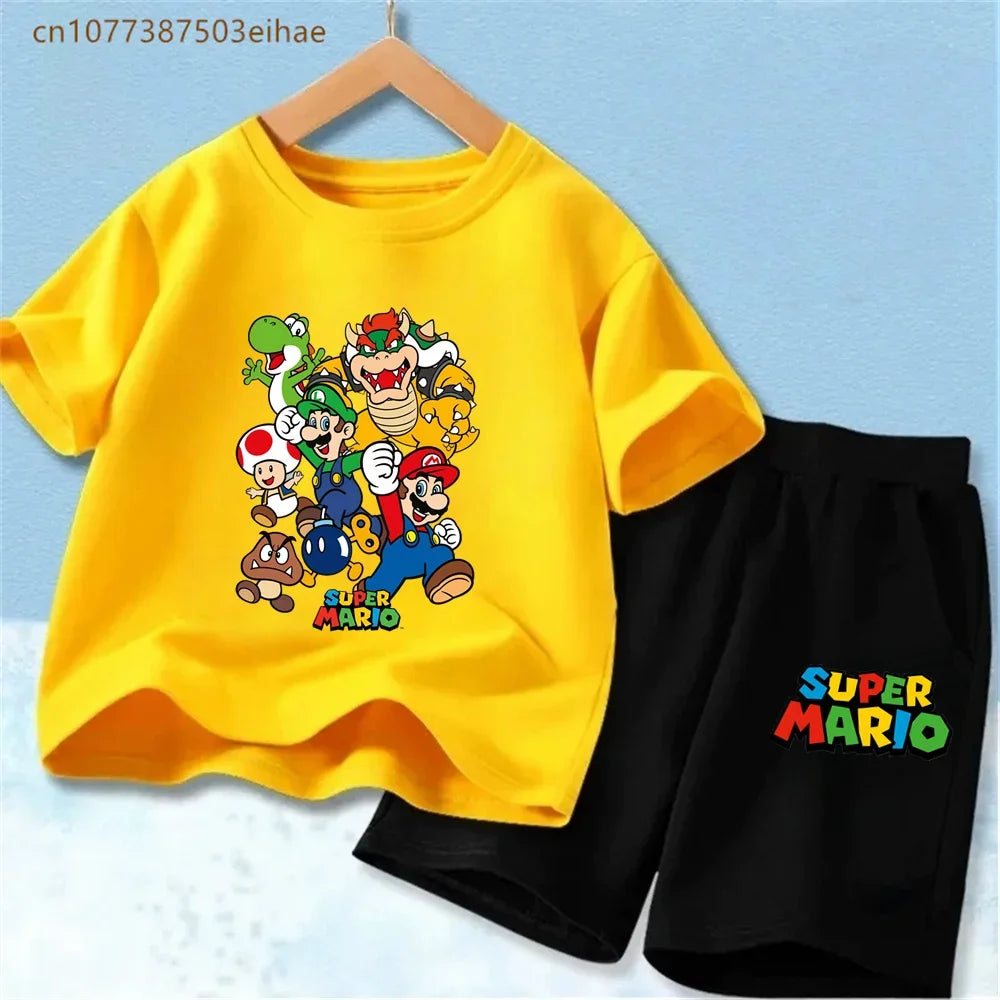 Summer Kids Clothing Sets Super Mario Cartoon Print Cotton Short Sleeve T-Shirt Casual Shorts Soft Outfits For Baby Boys Girls