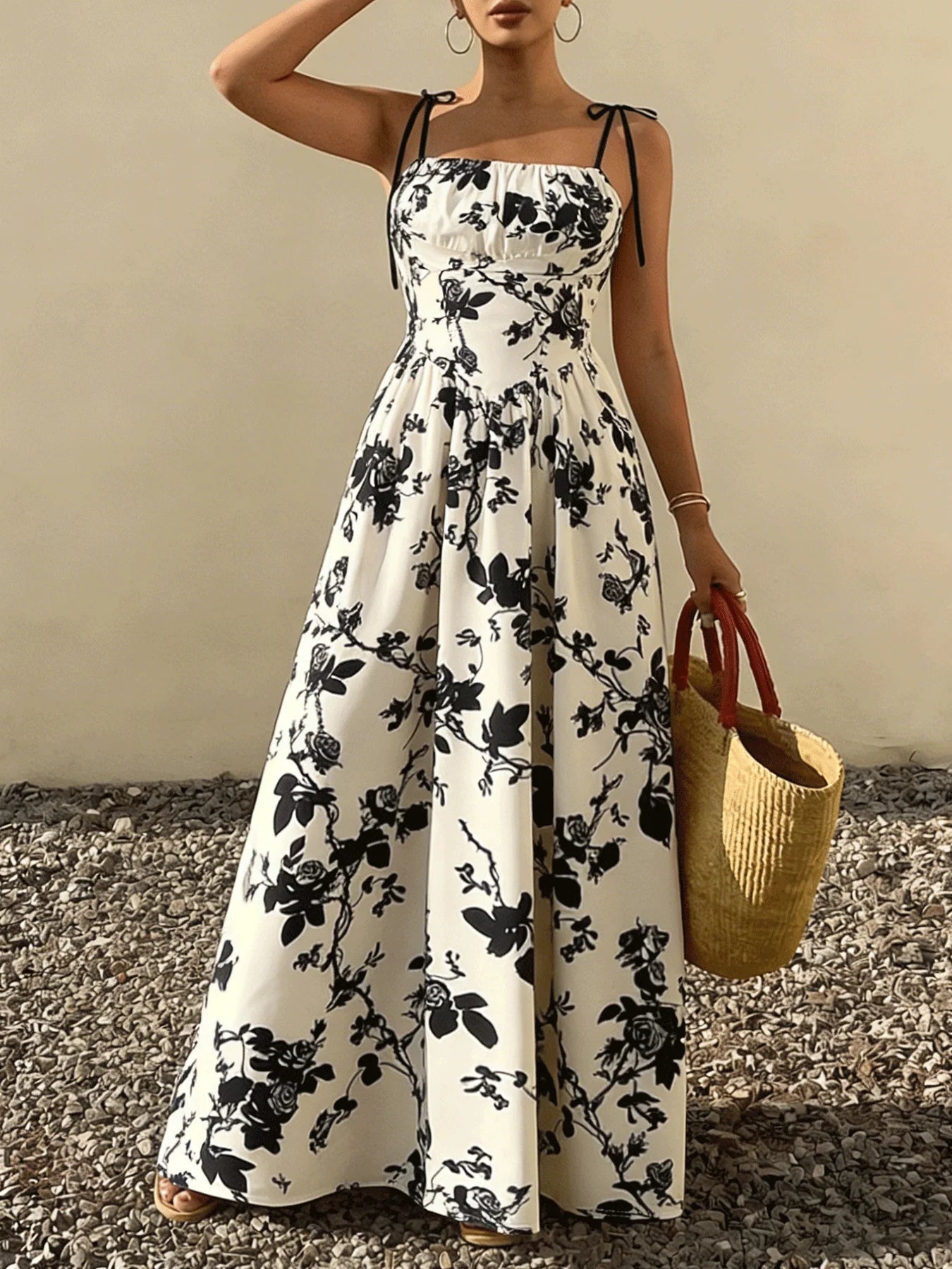 Women Tie Strap Square Neck Floral Print Flared Maxi Dress Boho New Spring Summer Vacation Beach Date Lightweight Flattering Dre
